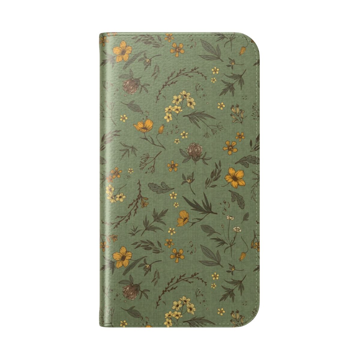 A green floral and botanical-inspired phone case with nature elements like leaves, flowers, and grass. - Folded Back