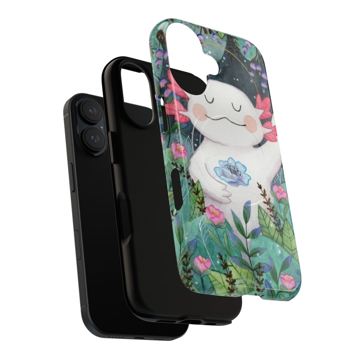 A watercolor floral phone case featuring a cute axolotl design against a nature-inspired background. - Layers