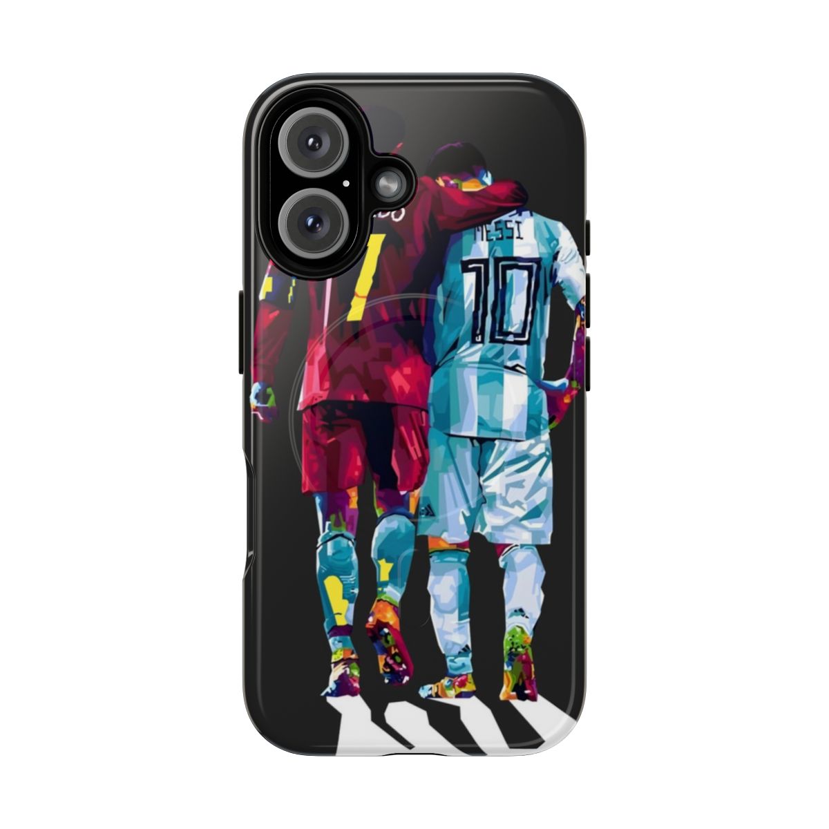 Magnetic phone case featuring designs of soccer players CR7 and Lionel Messi