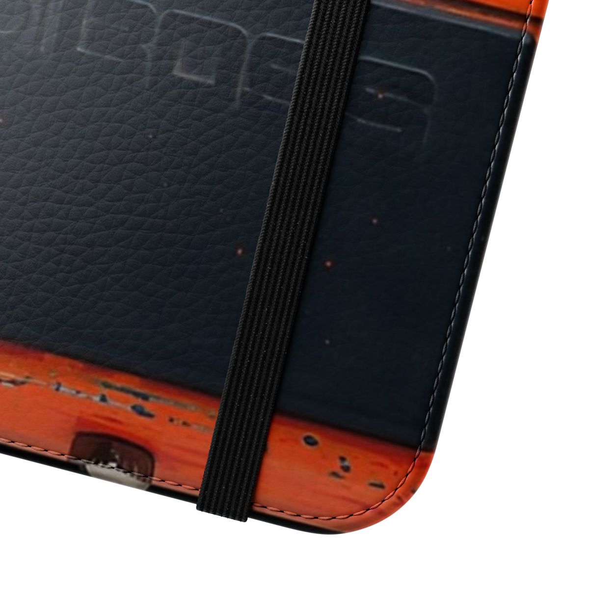 Flip cover phone case with guitar-inspired distortion pedal and pedalboard design - Close Up