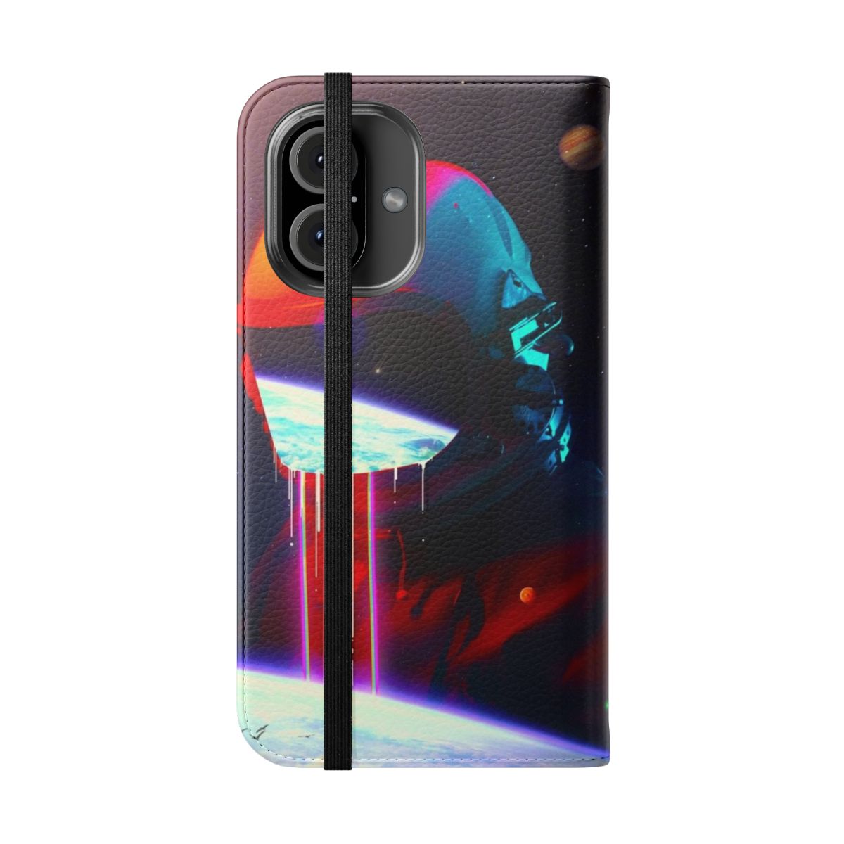 Cosmic and surreal phone case with space, planet, and celestial elements in a collage-style design. - Folded Front