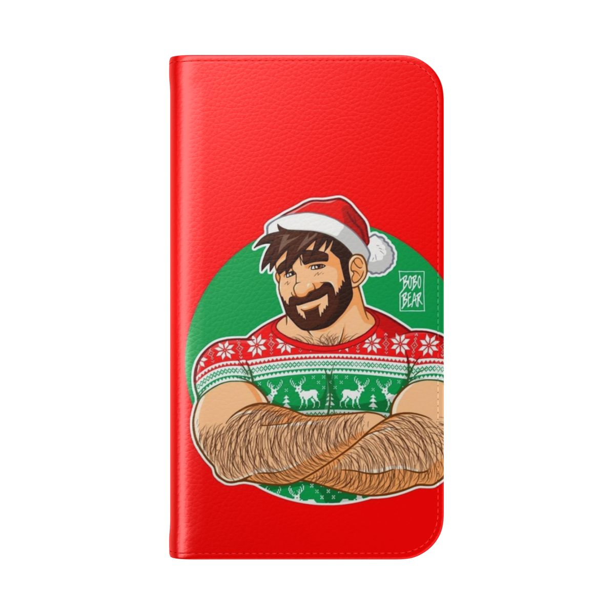 Flip phone case with a design of a gay bear crossing their arms at a Christmas party - Folded Back