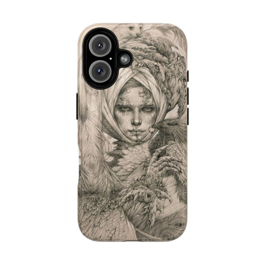 Illustration of a fairy lady with ermine and birds on a magnetic phone case