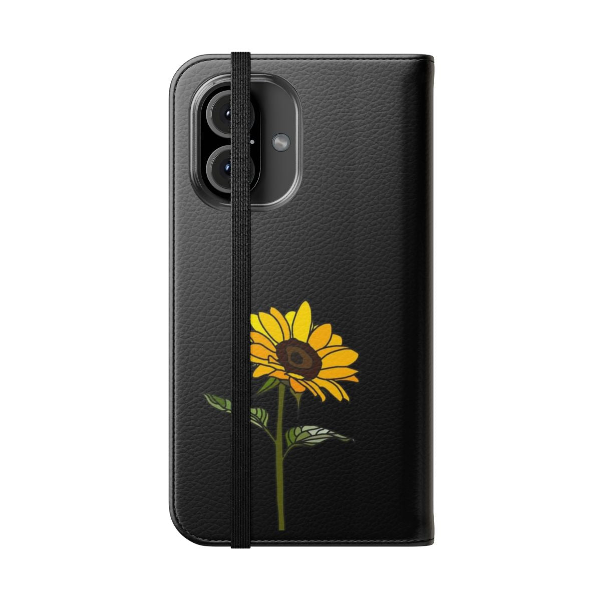 Sunflower floral design on a black phone case - Folded Front