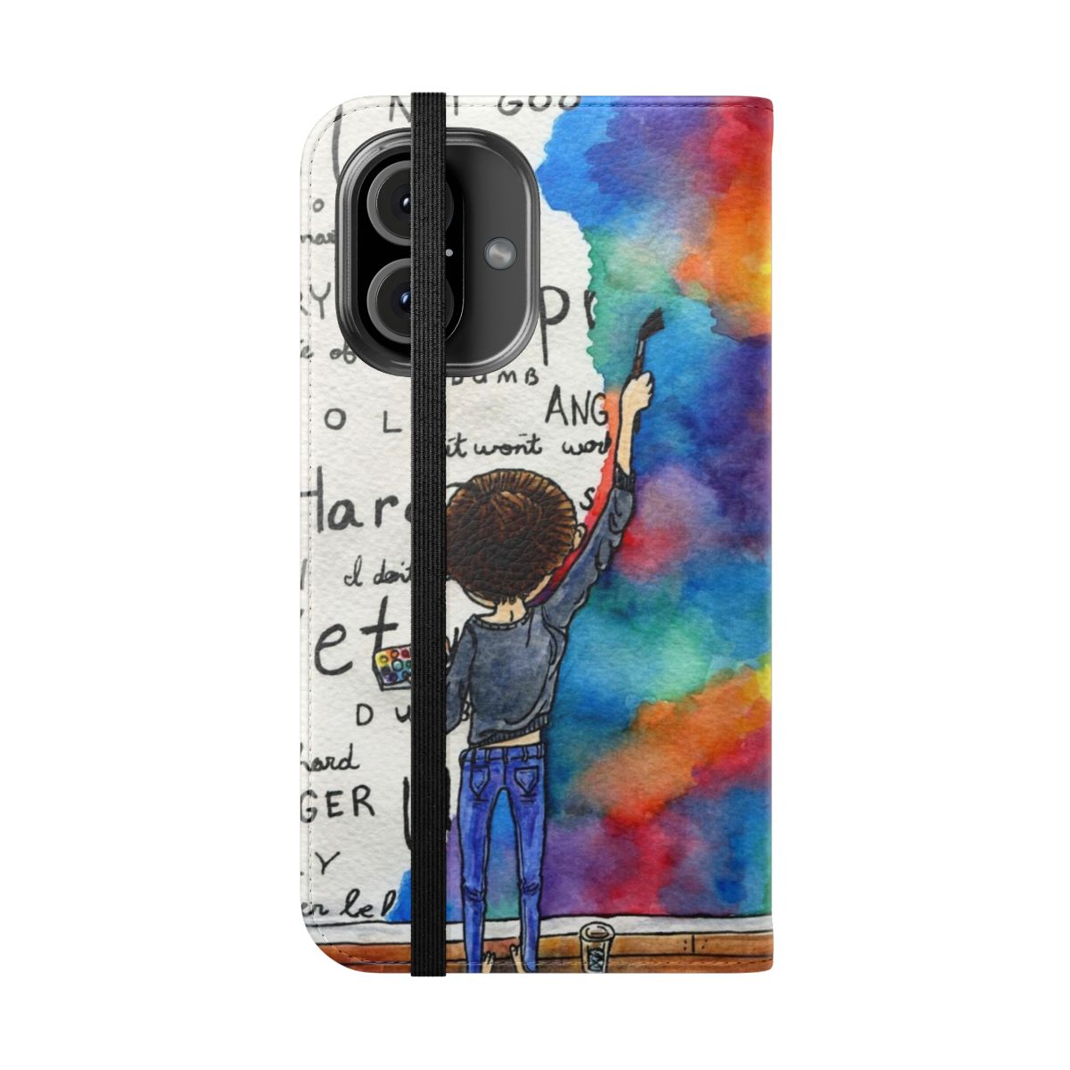 Watercolor painting design featuring the phrase "Always Fighting" on a flip cover phone case - Folded Front