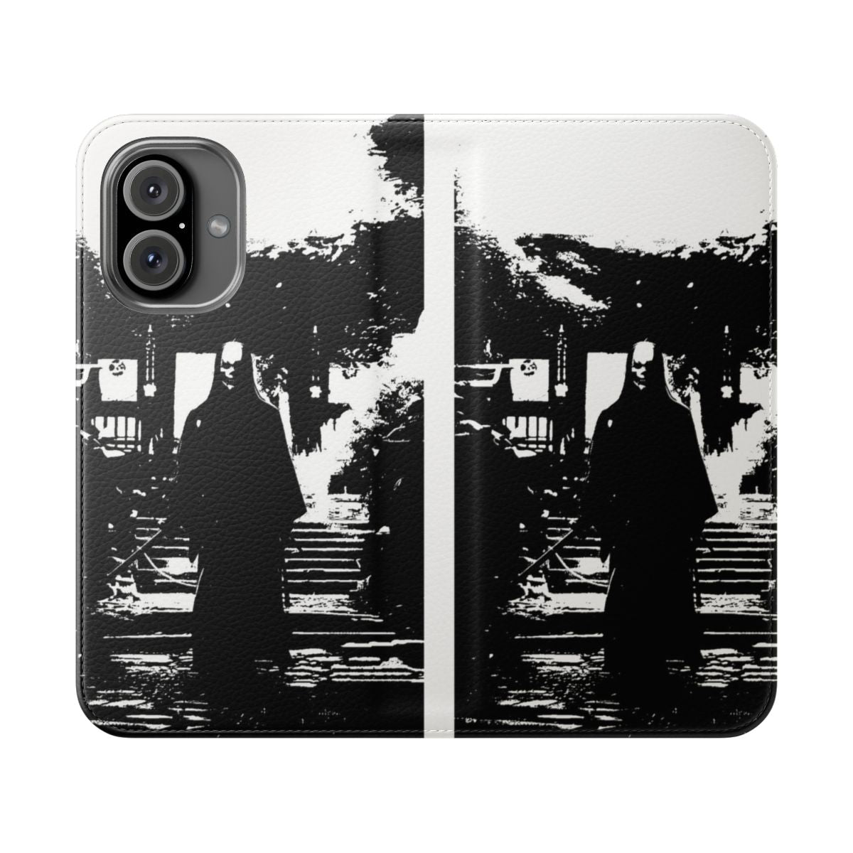 Flip phone case featuring a dramatic black and white silhouette of a samurai warrior in a minimalist, mystical design.