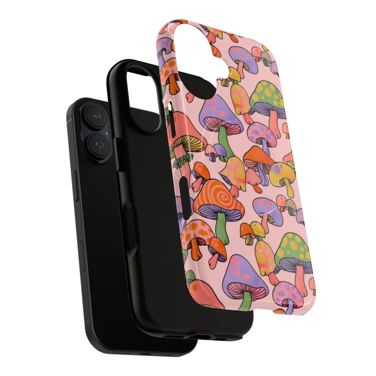 Vibrant psychedelic mushroom design on a phone case with retro, boho, and colorful elements. - Layers