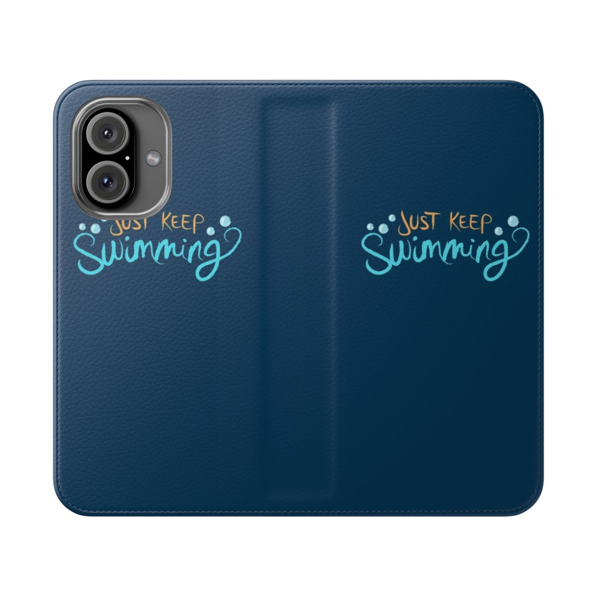 Flip cover phone case with a "Just Keep Swimming" graphic, featuring iconic cartoon fish characters from the Pixar film Finding Nemo.