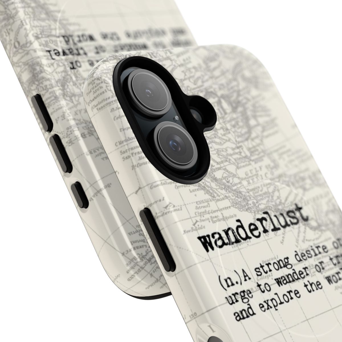 Vintage-style world map graphic phone case with magnetic closure - Detail