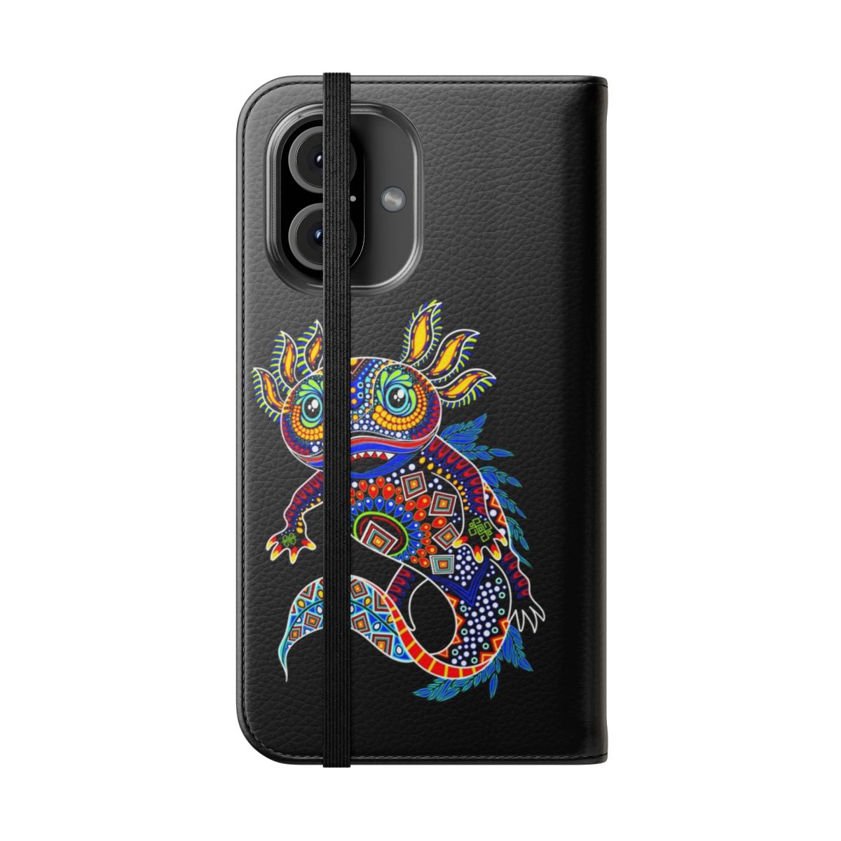 Colorful phone case cover featuring a cute axolotl salamander in a Mexican-inspired design - Folded Front