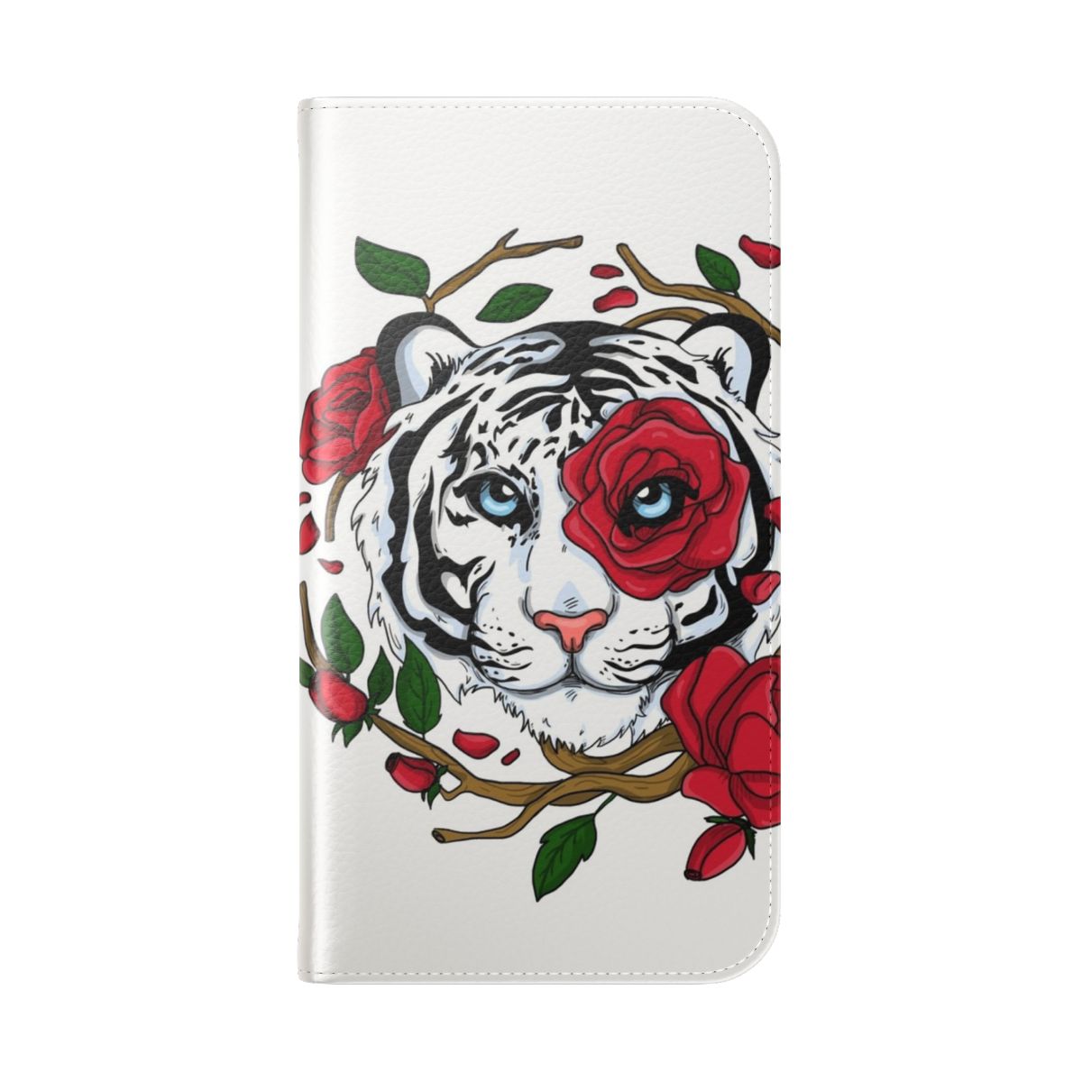 White tiger print flip phone case with floral and vector art design - Folded Back