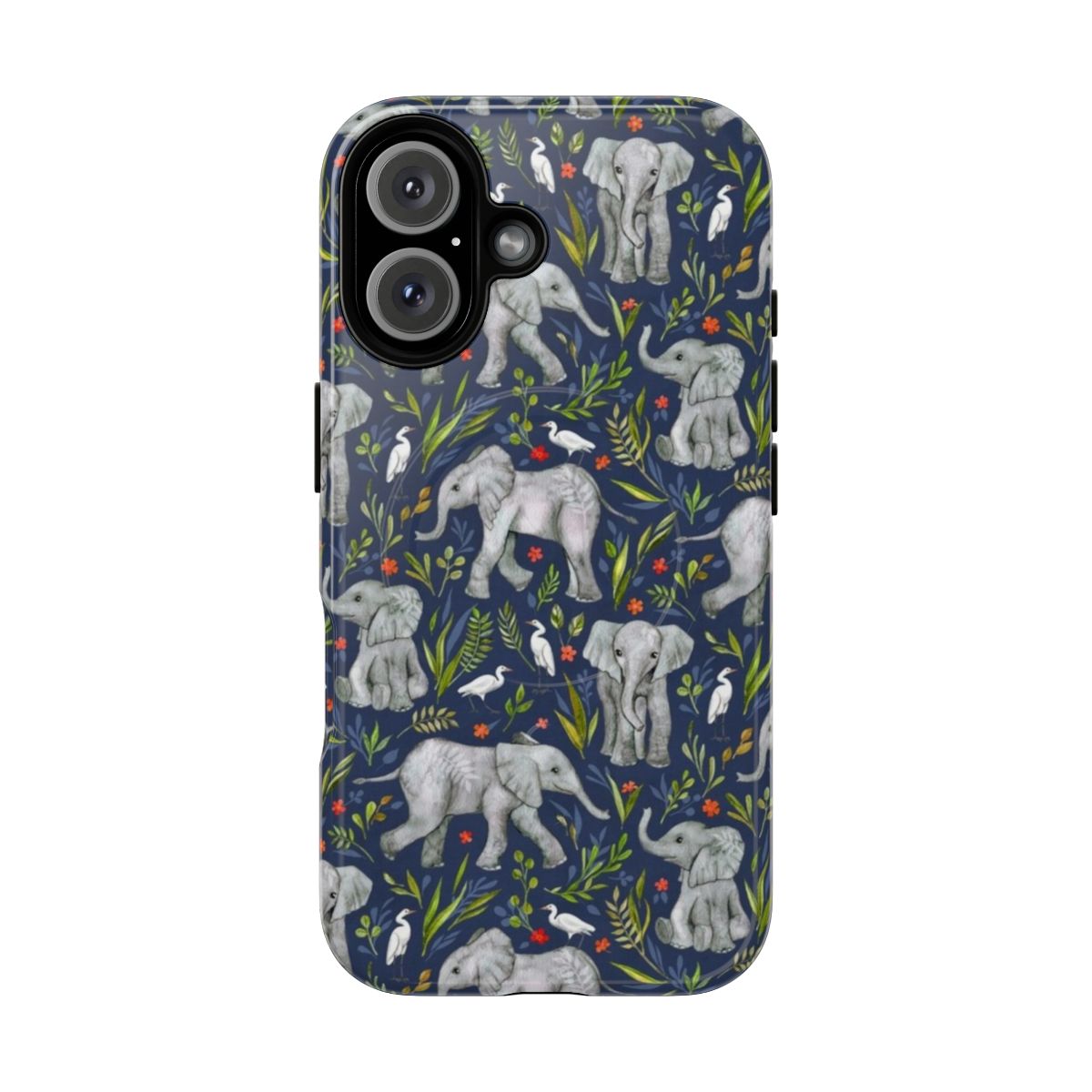 A navy blue phone case featuring a watercolor illustration of baby elephants and egret birds.