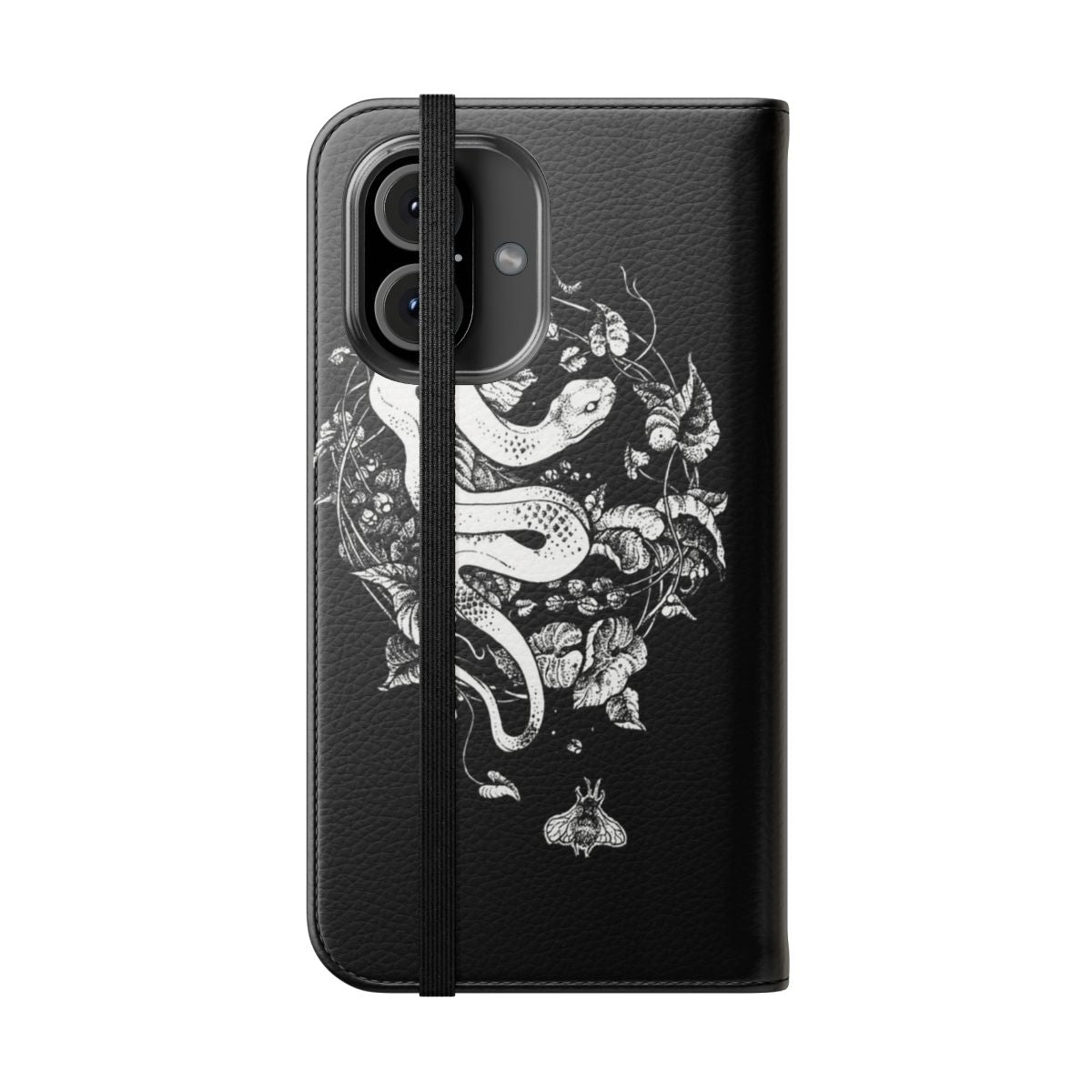 Dark art-inspired flip cover phone case with snake, moth, and floral design - Folded Front