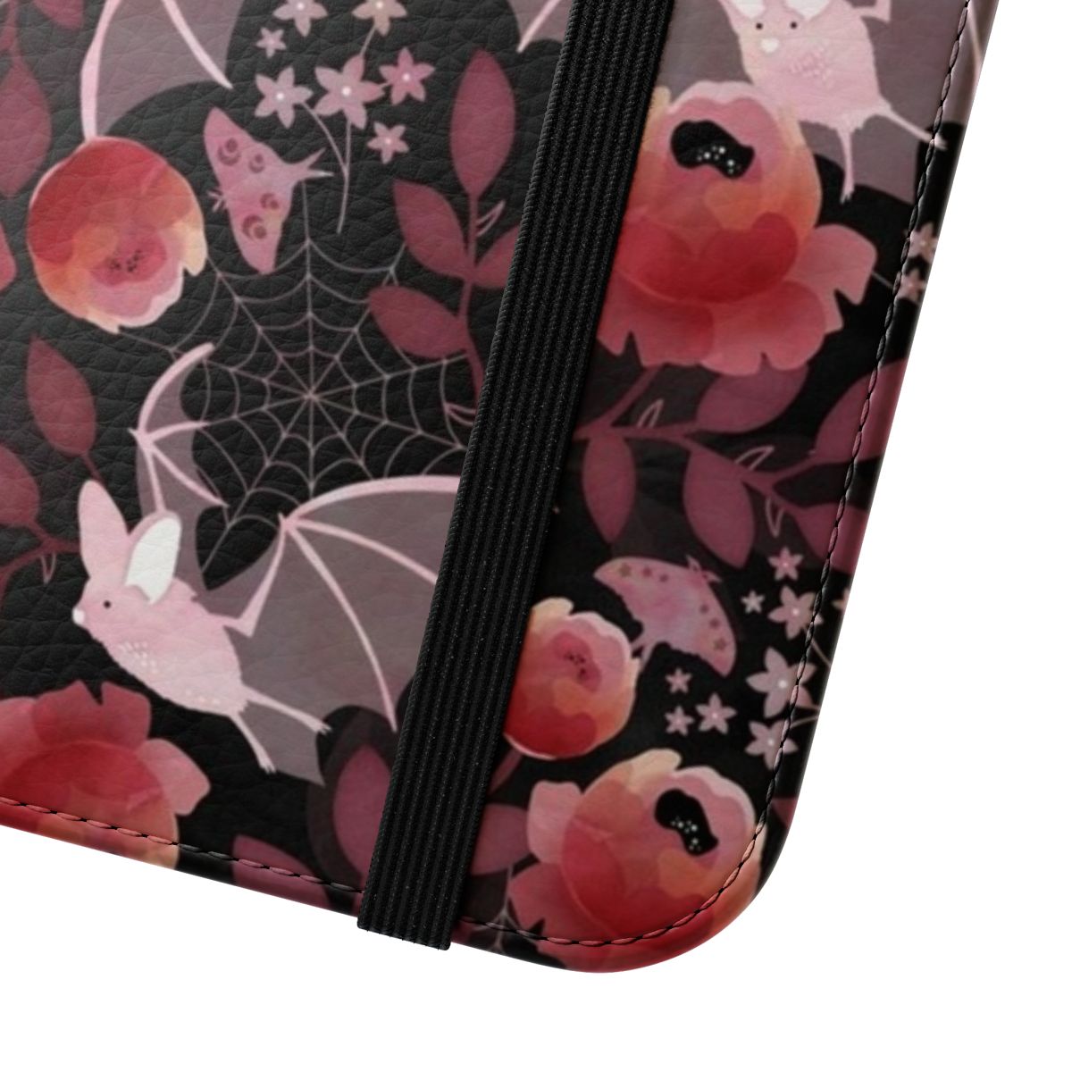 Pastel bat and floral design on a black background phone case cover - Close Up