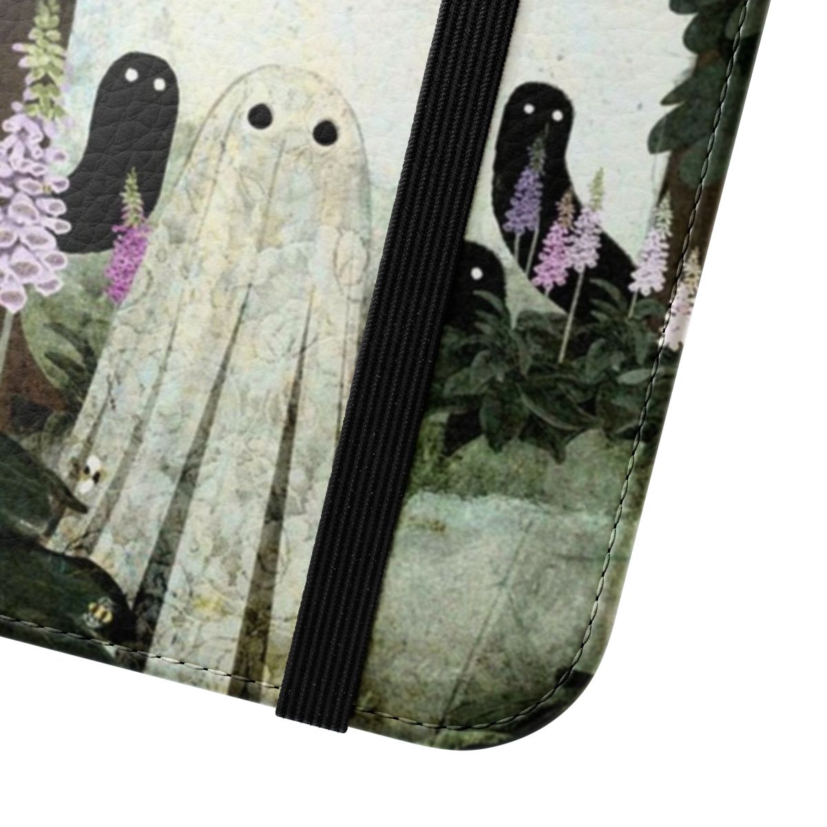 Flip cover phone case featuring a spooky, ghostly forest scene with foxgloves and bees - Close Up