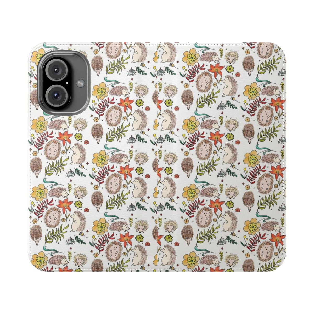 A colorful phone case featuring a hedgehog in a floral field design.