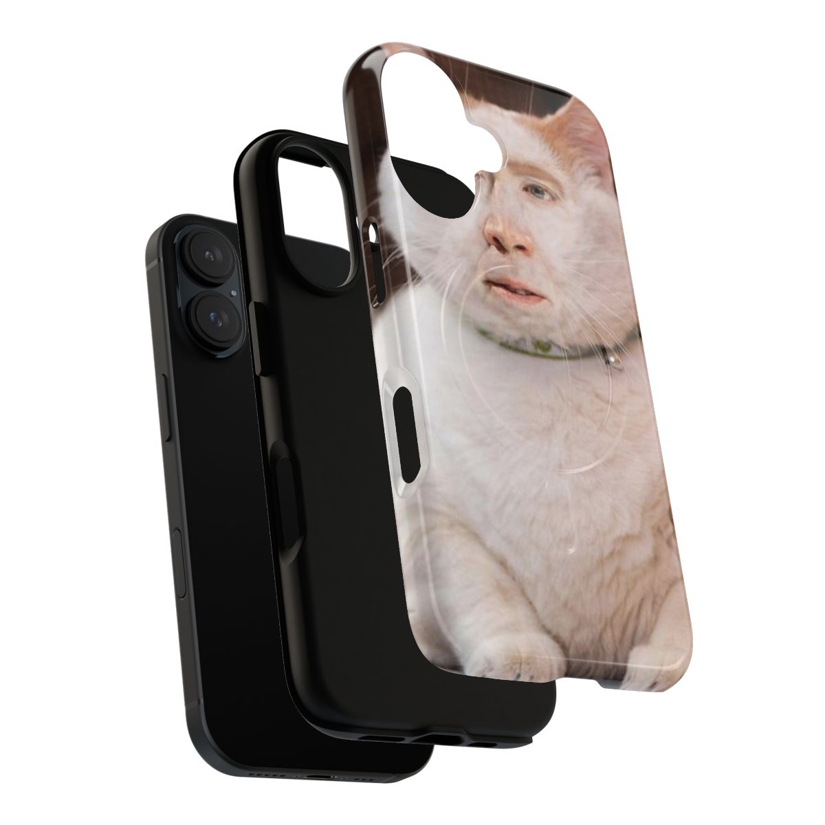 A magnetic phone case featuring a cat image with Nicolas Cage's face. - Layers