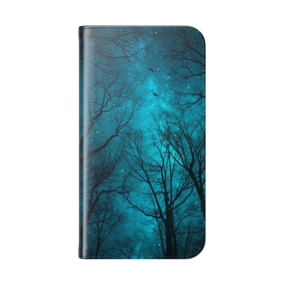 Mint teal and galaxy-inspired abstract design phone case with silhouetted trees - Folded Back