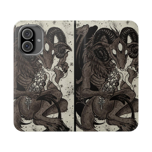 Dark, monochrome phone case featuring a demonic, goat-like creature with wings and an ominous, supernatural design.