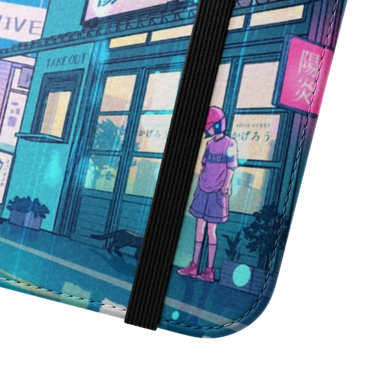 Retro cyberpunk-inspired flip phone case with kawaii anime girl and city night design - Close Up