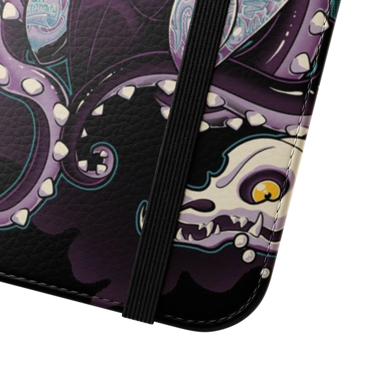 Flip cover phone case with a mysterious villain octopus design - Close Up