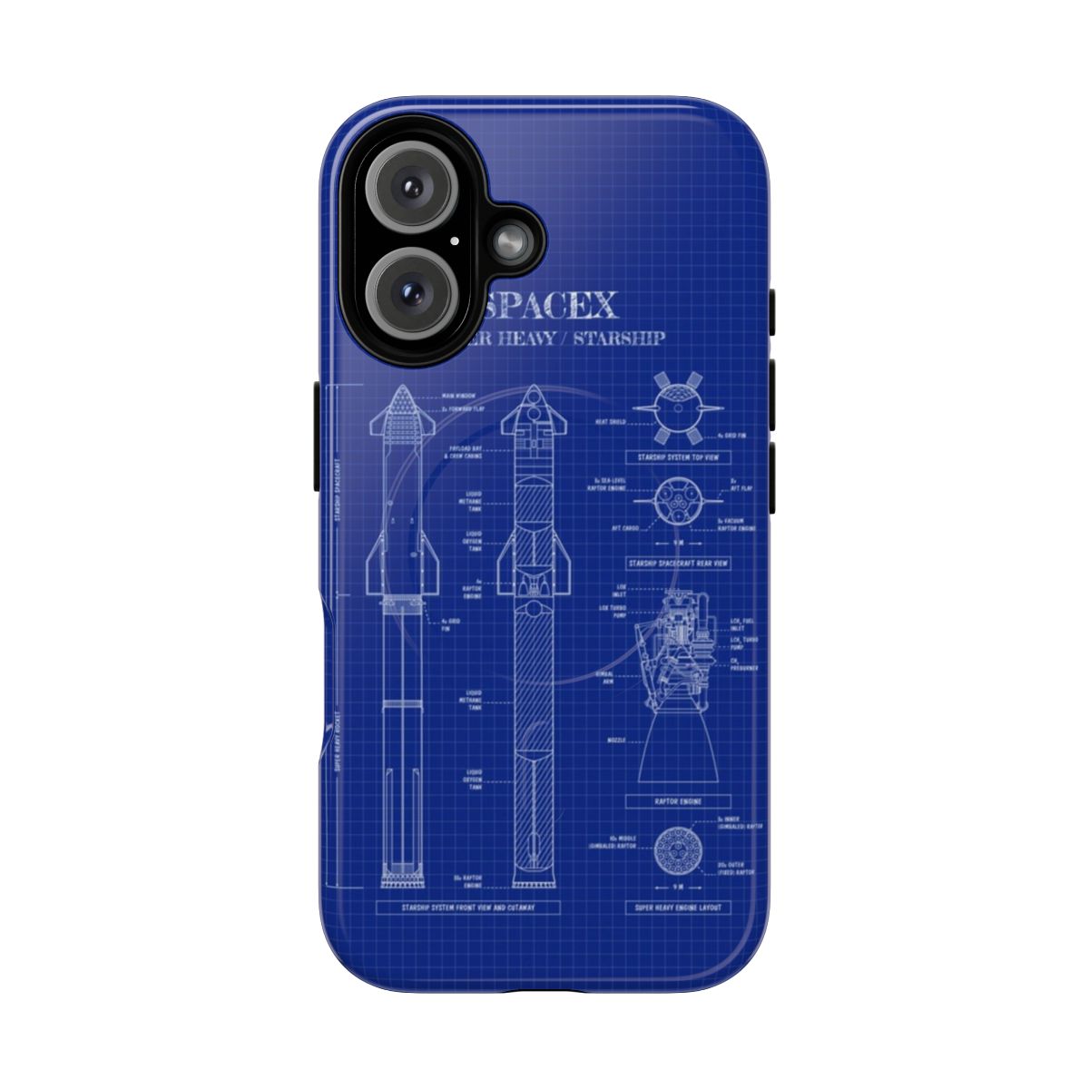 SpaceX-inspired magnetic tough phone case featuring a vertical blueprint of the Starship and Super Heavy rocket