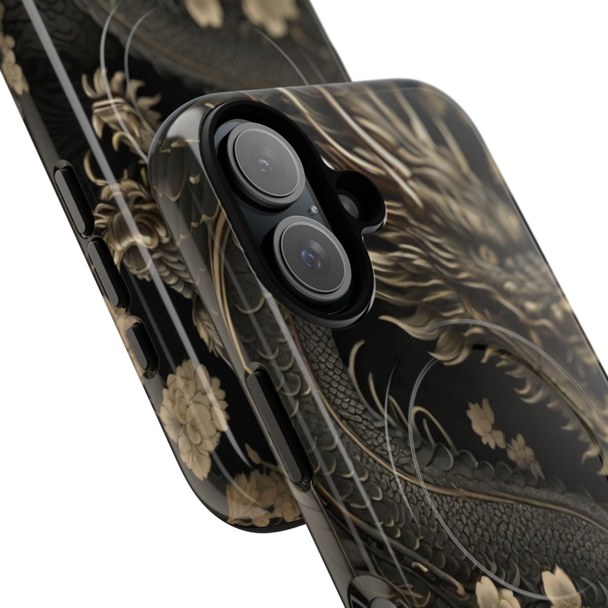 A traditional Japanese-inspired phone case with a black dragon and cherry blossoms design - Detail