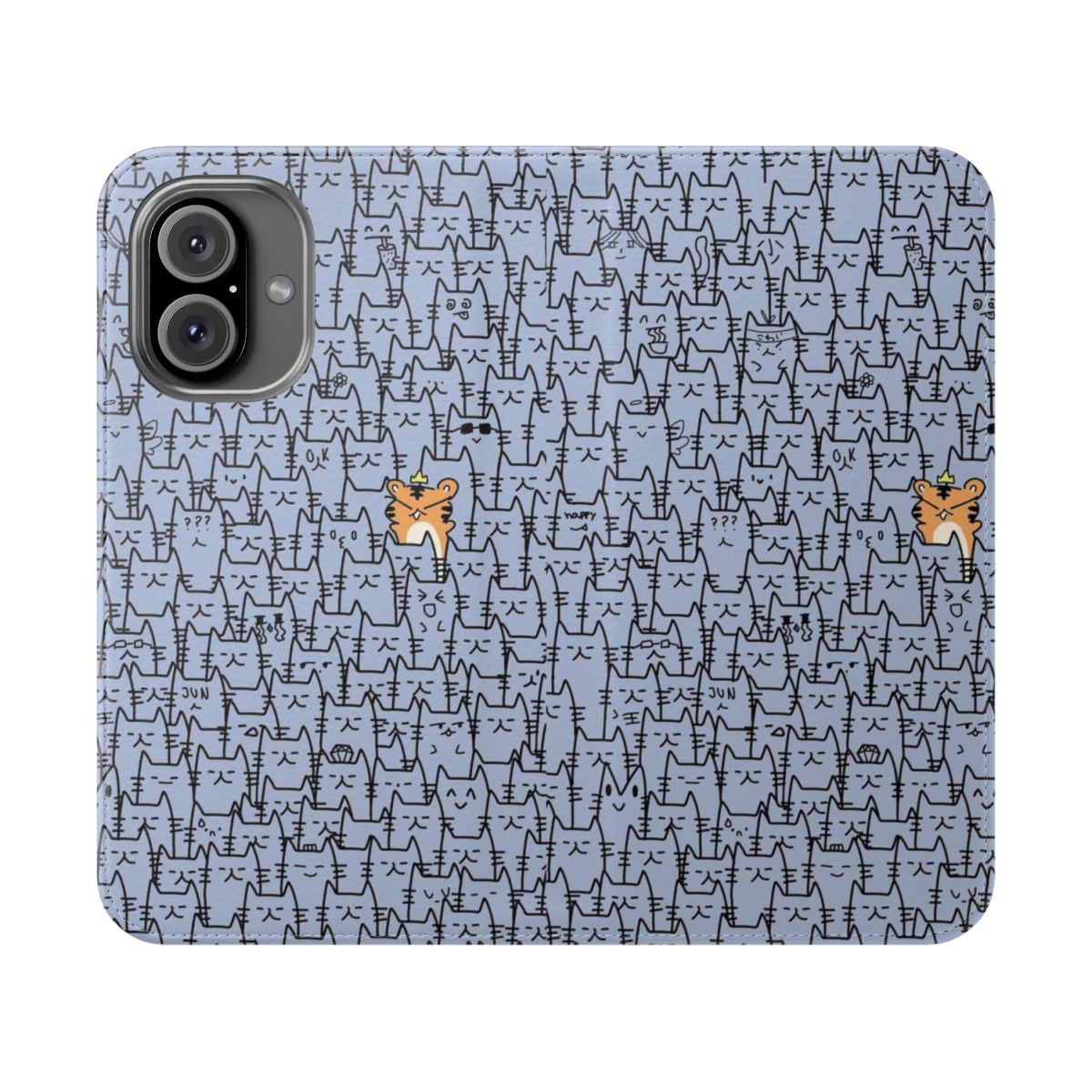 Flip cover phone case with an illustration of Hoshi and Jun from the K-pop group Seventeen in a field of cats.