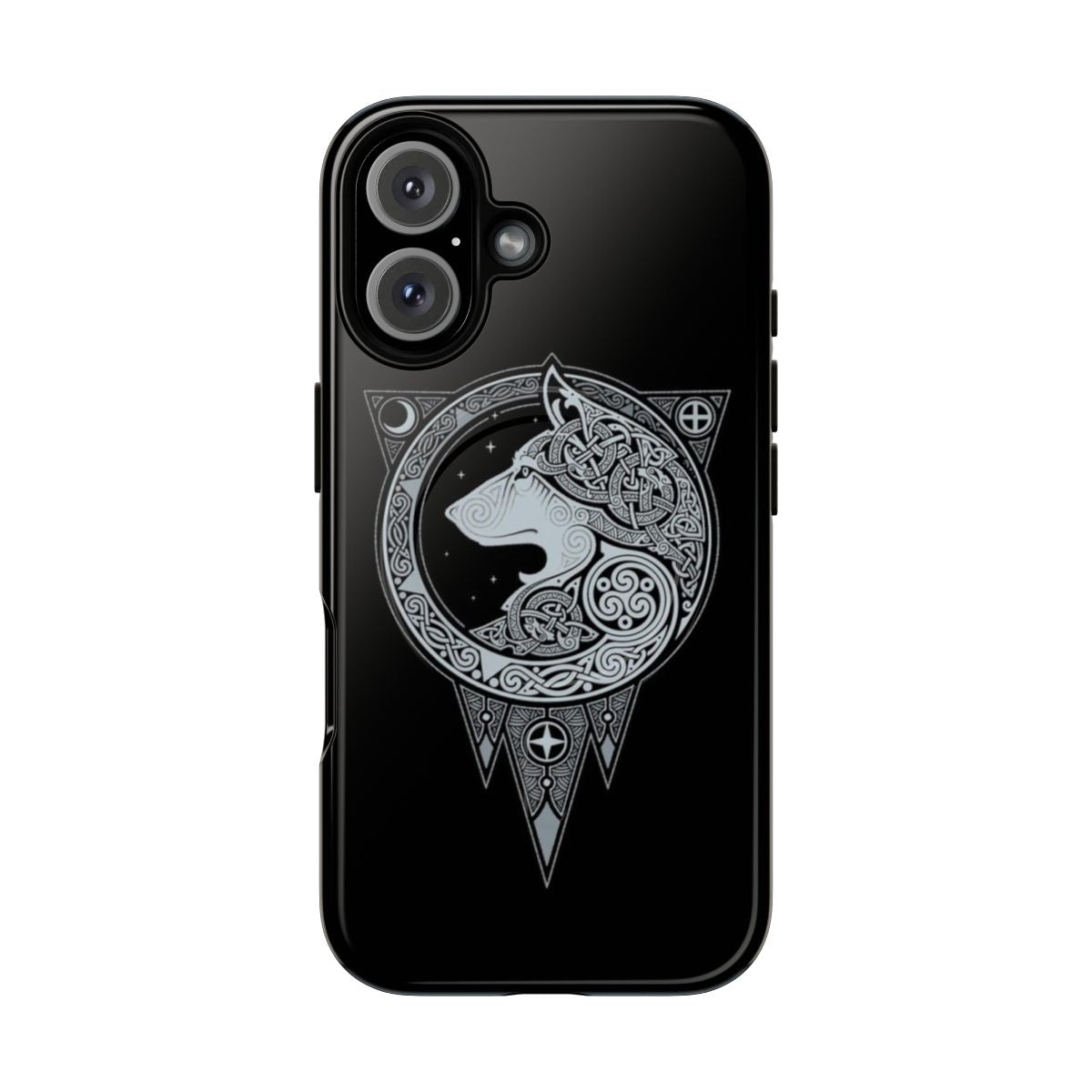 Magnetic phone case with Norse mythology-inspired wolf and tribal designs