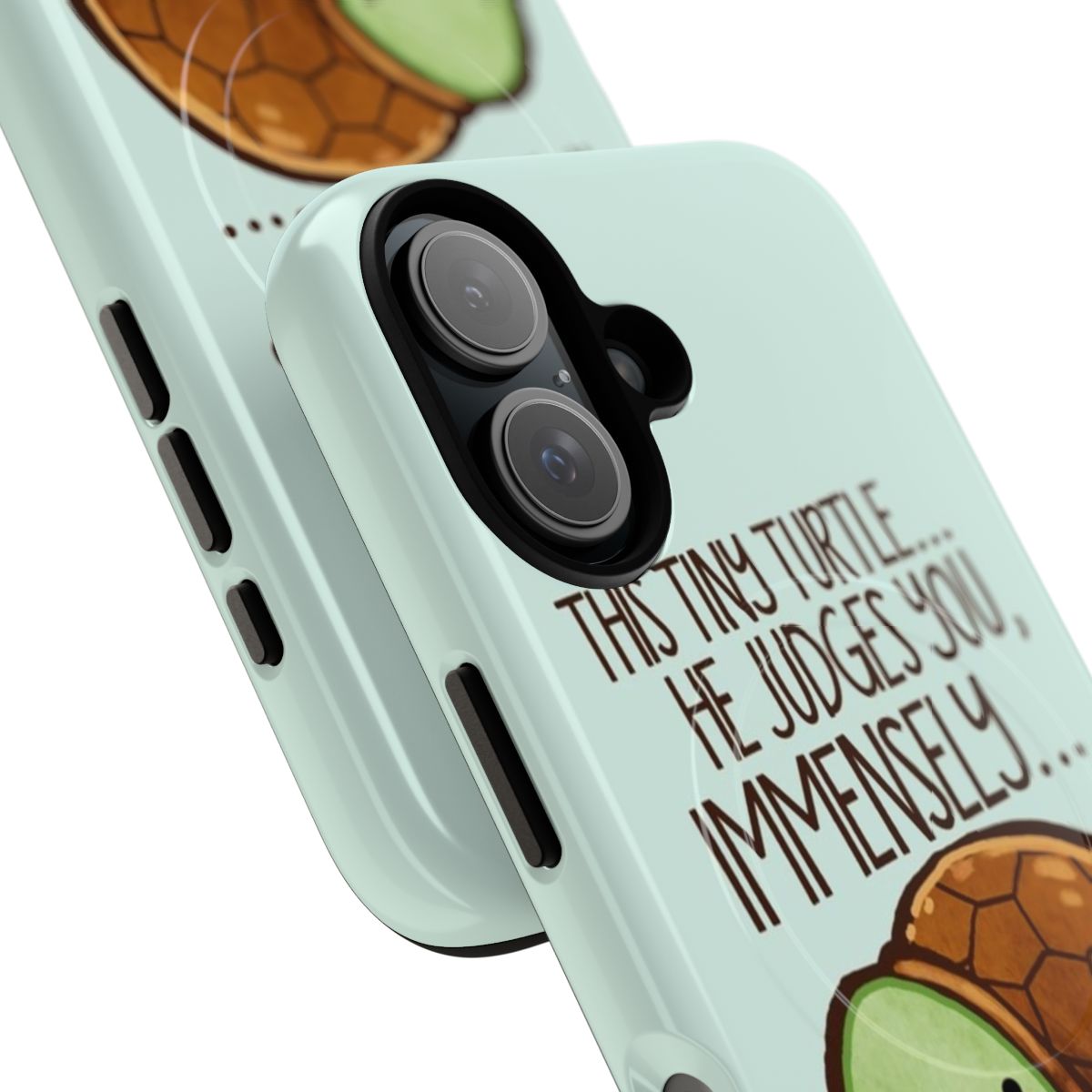 A green turtle phone case with a humorous expression, perfect for animal lovers. - Detail