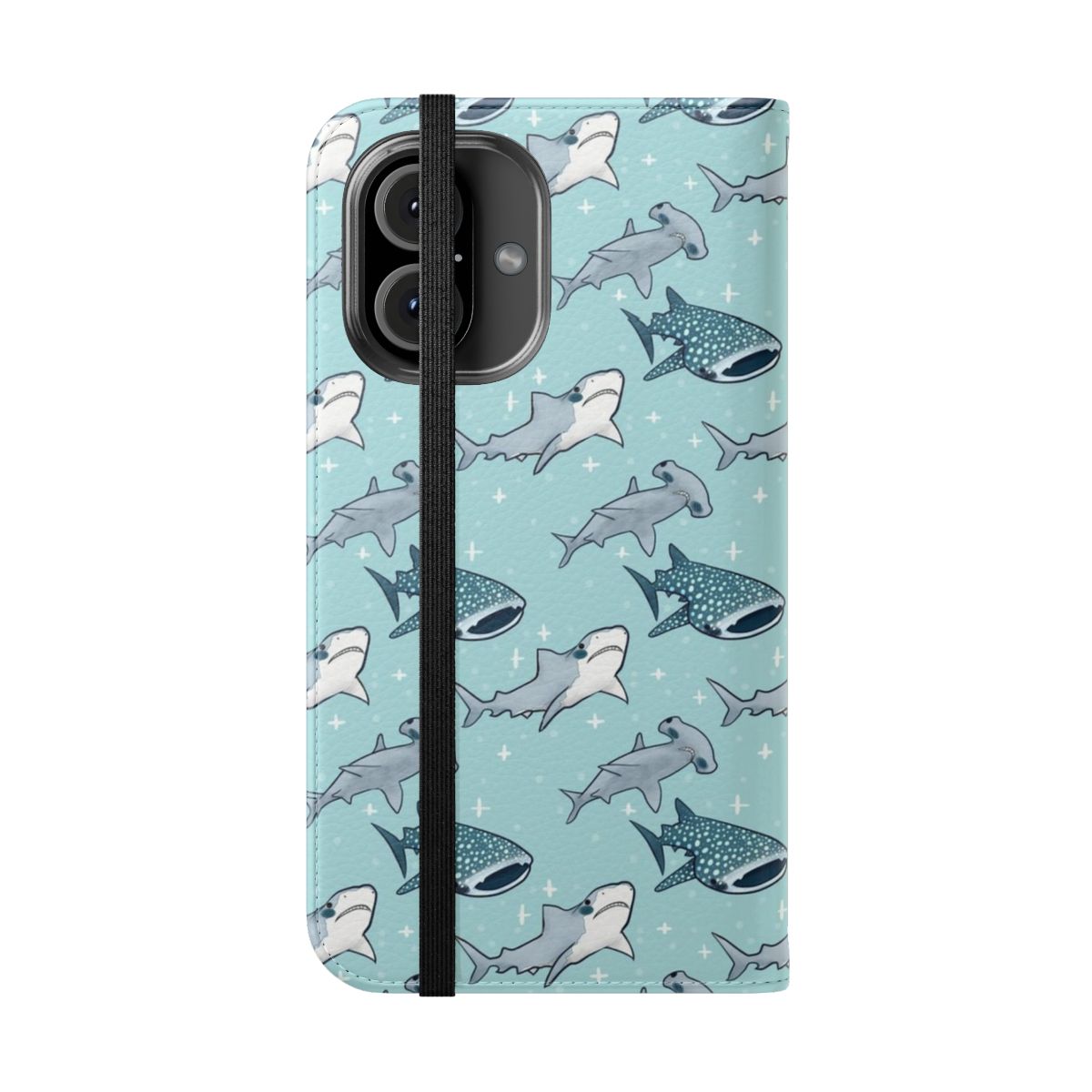 Blue and white shark pattern design on a flip phone case cover - Folded Front