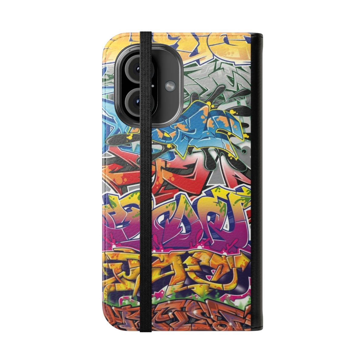 Colorful graffiti-inspired montage design on a flip cover phone case - Folded Front