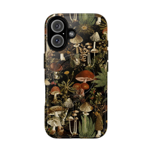 Vintage-inspired botanical pattern featuring mushrooms and night forest elements on a black phone case.