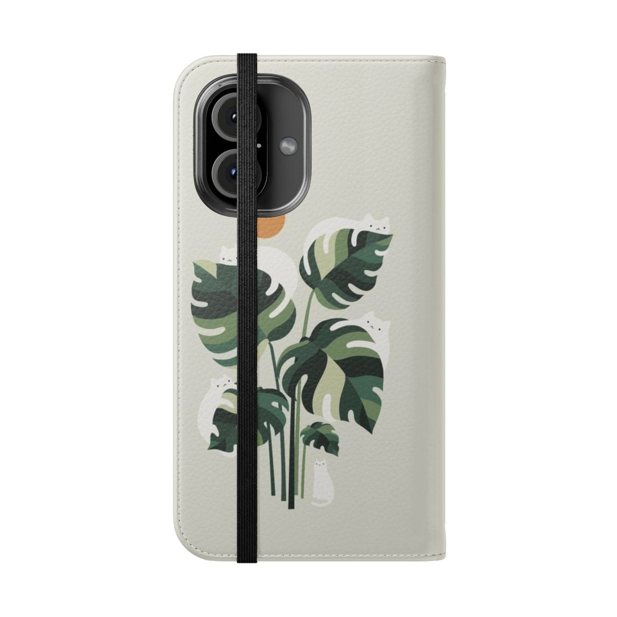 Image of a cat and monstera plant printed on a flip phone case - Folded Front