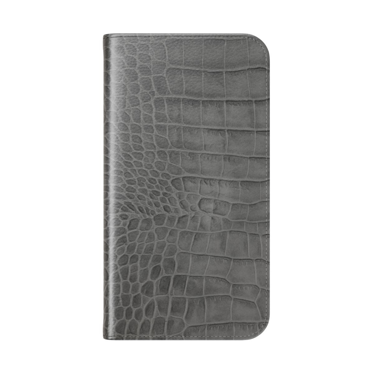 Grey croco leather effect flip phone case with textured animal print design - Folded Back