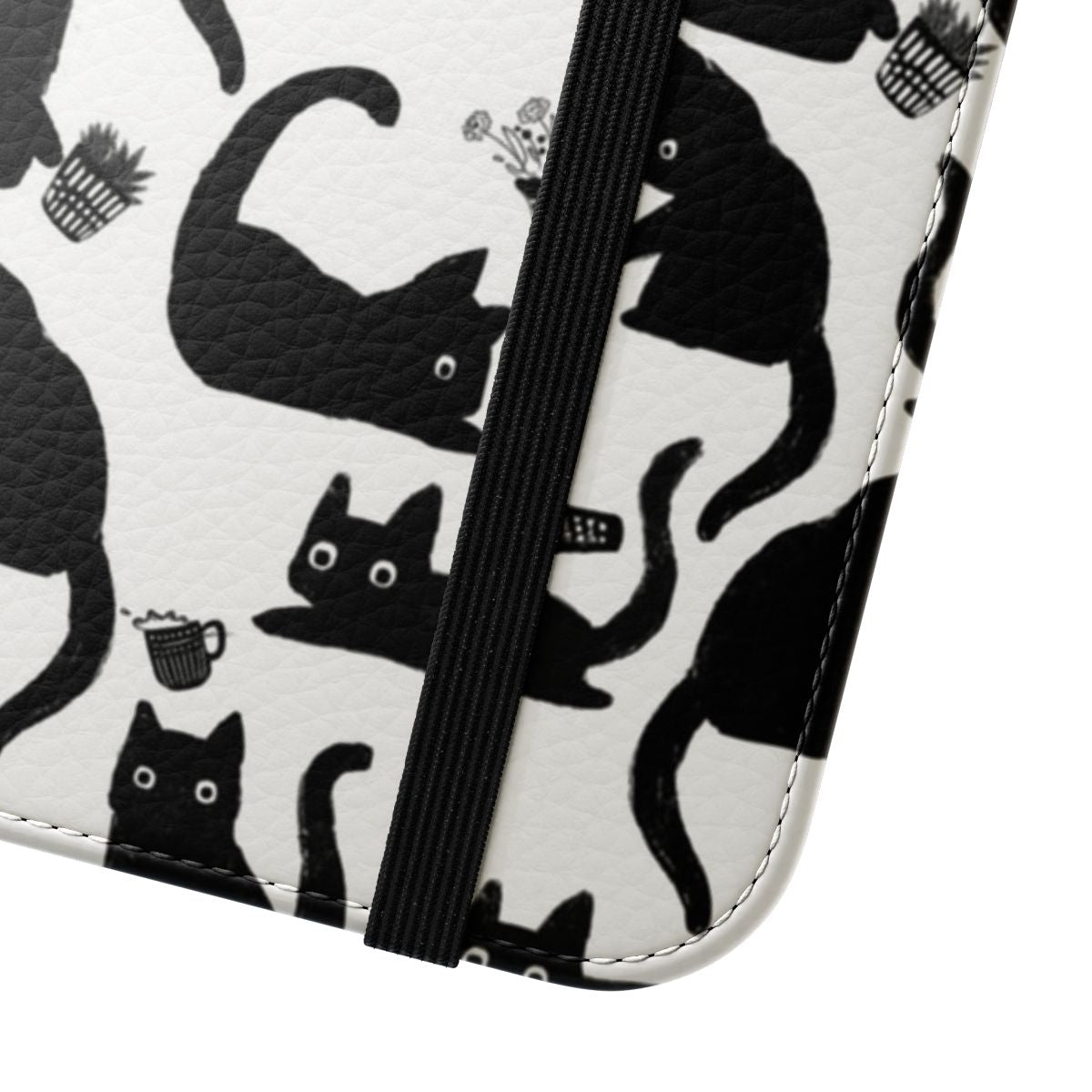 A flip cover phone case featuring a hand-drawn pattern of adorable, mischievous cats knocking things over. - Close Up