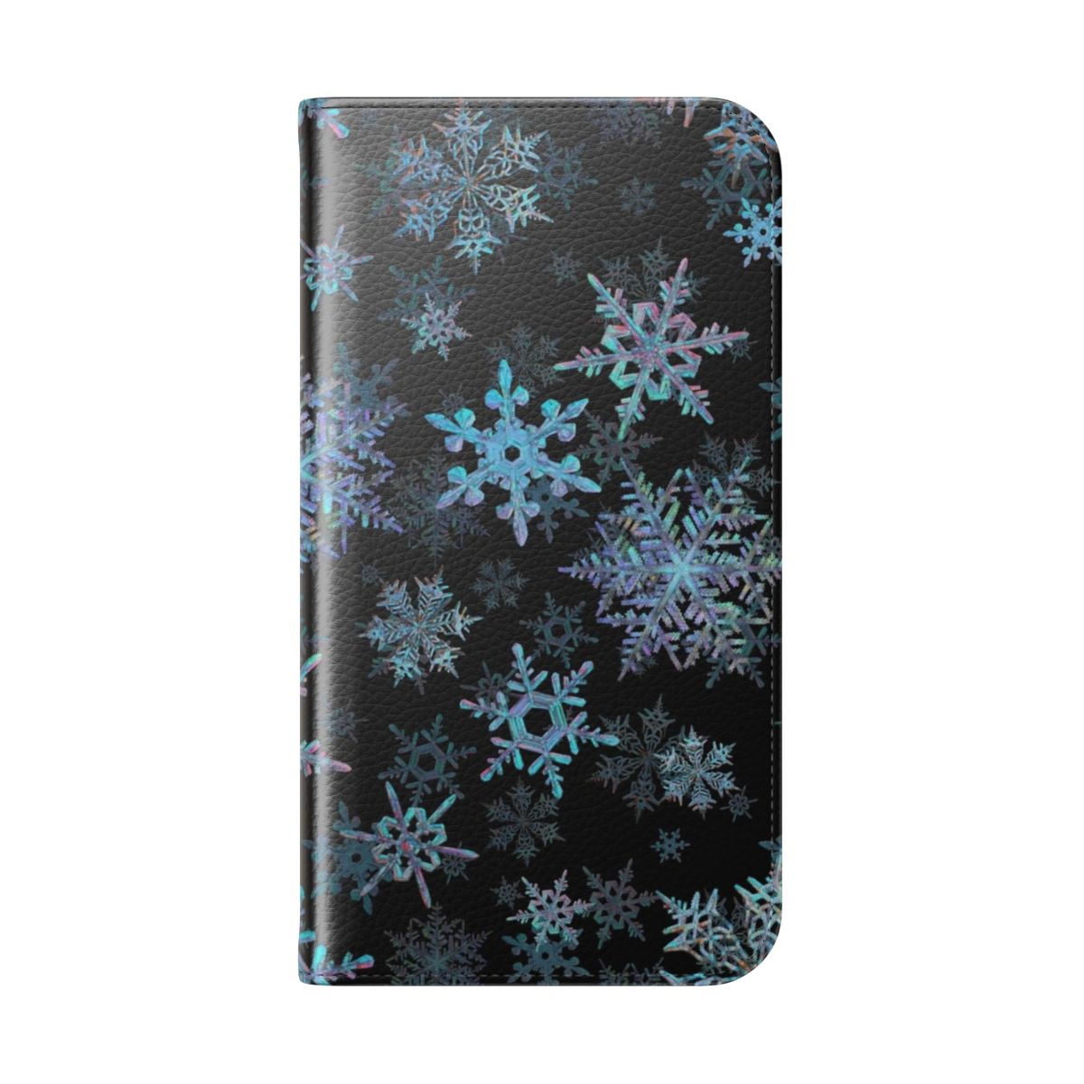 Embroidered snowflake design on a dark phone case for the winter and holiday season. - Folded Back