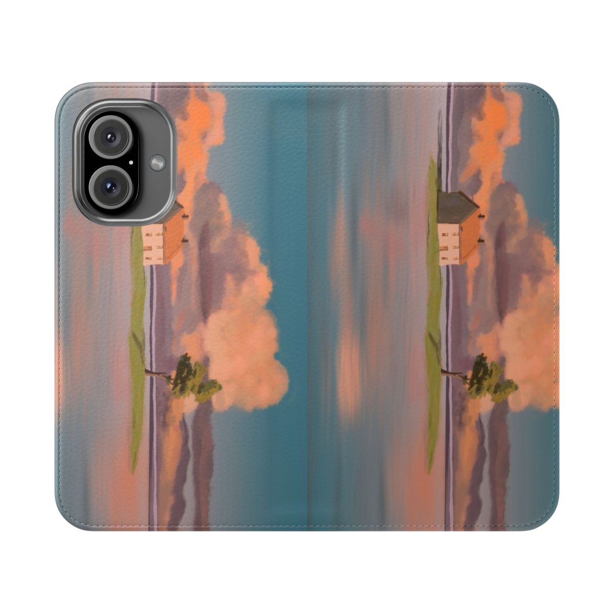 A flip phone case featuring a tranquil landscape scene from the Studio Ghibli film Spirited Away.