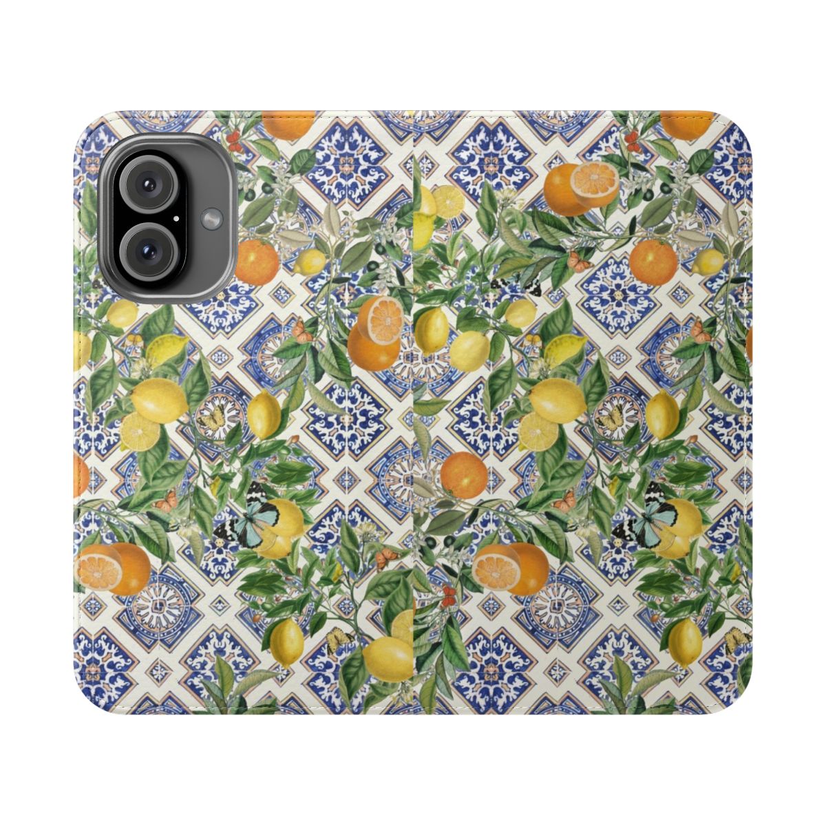 Flip cover phone case featuring a vibrant Sicilian-inspired pattern of citrus fruits and Mediterranean tiles in shades of blue, yellow, and orange.