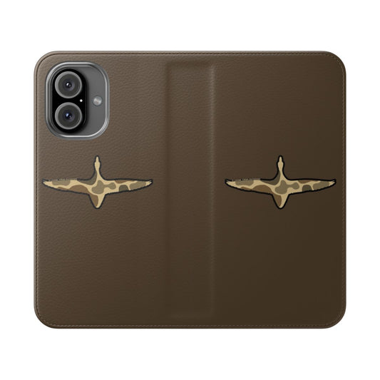 An old school camo flip cover phone case featuring a mallard wingspan and duck silhouette design.