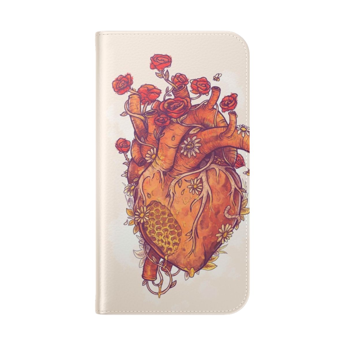 A heart-shaped phone case adorned with delicate floral designs and a touch of whimsy. - Folded Back