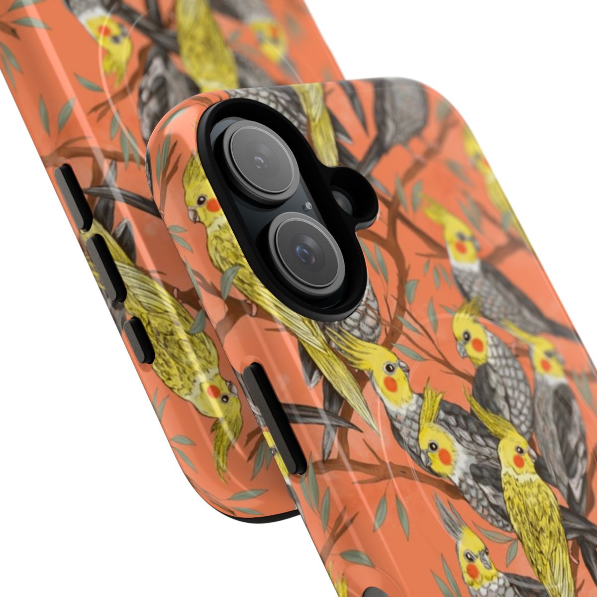 Magnetic tough phone case featuring a colorful cockatiel bird design - Detail