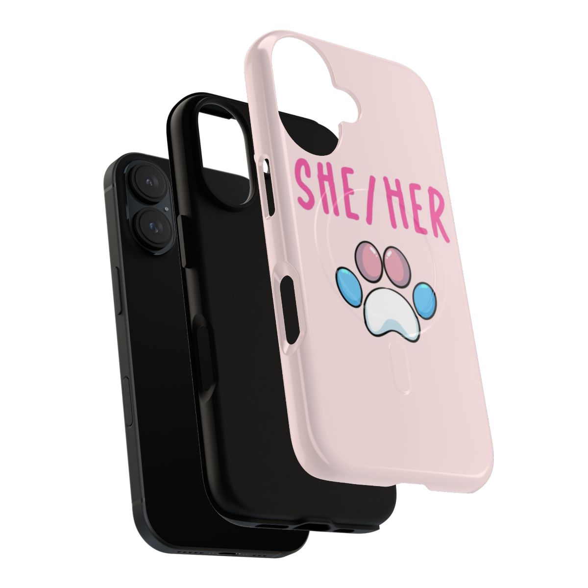 Magnetic tough phone case featuring a trans pride pawprint design and pronouns "she/her" - Layers