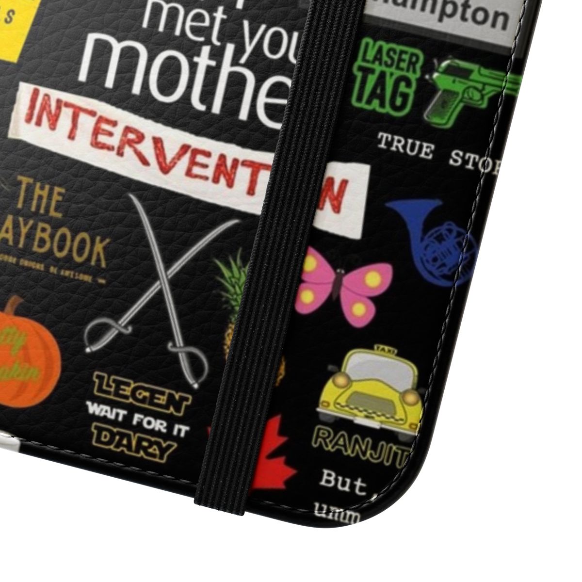 A flip cover phone case featuring a collage design inspired by the TV show "How I Met Your Mother". - Close Up