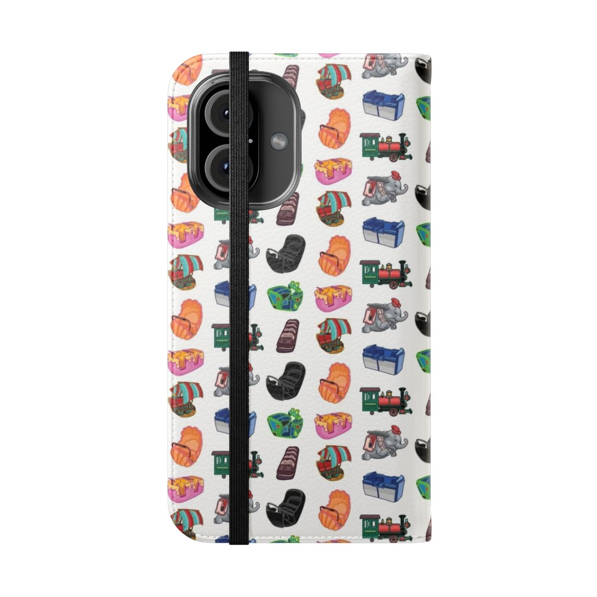 Flip cover phone case featuring designs inspired by popular Disney theme park rides like Jungle Cruise, Spaceship Earth, and Expedition Everest. - Folded Front