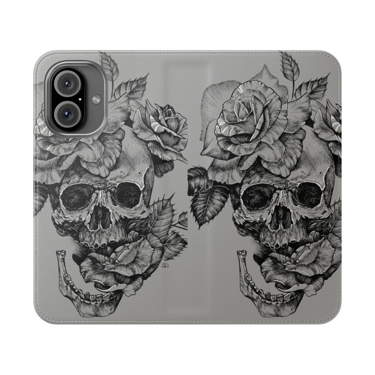 A sleek, black and white phone case featuring a detailed skull and roses design for a gothic, heavy metal aesthetic.