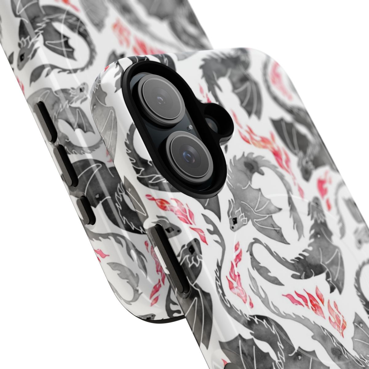 A phone case with a seamless design featuring a fantastical, fire-breathing dragon in shades of grey and black. - Detail