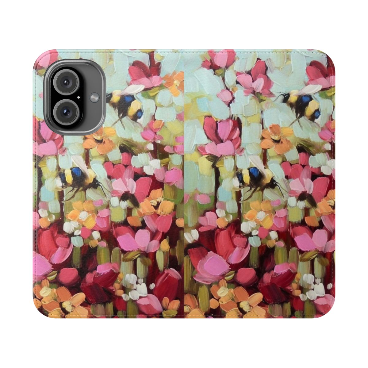 Vibrant flip cover phone case featuring a design of bumblebees and flowers