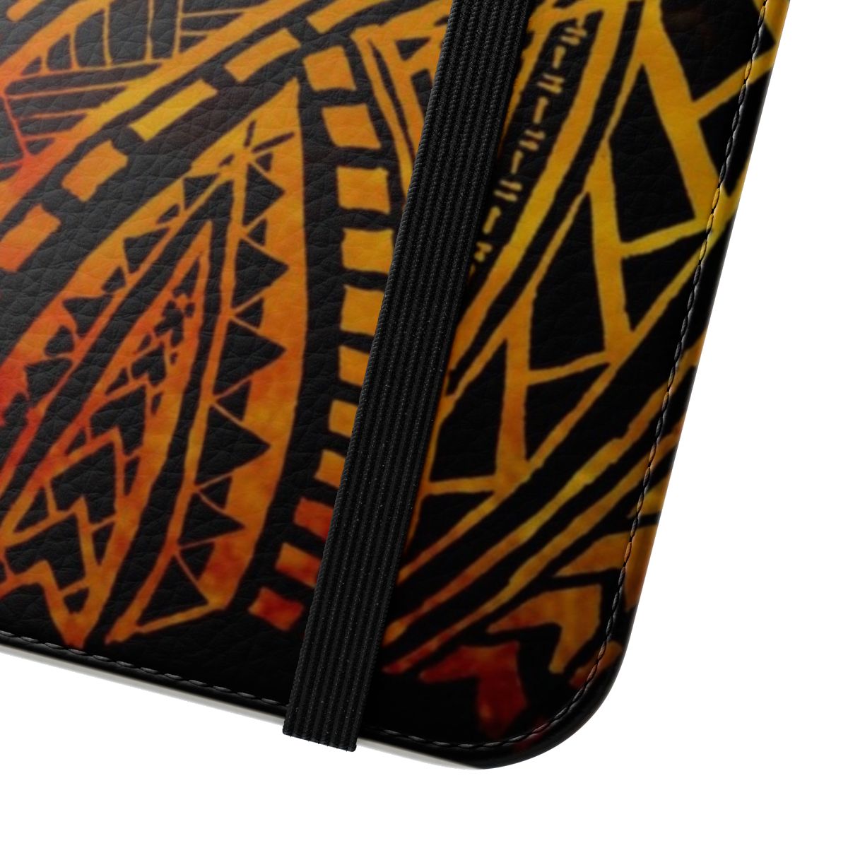 Polynesian tribal inspired flip cover phone case with bold and colorful tribal patterns - Close Up