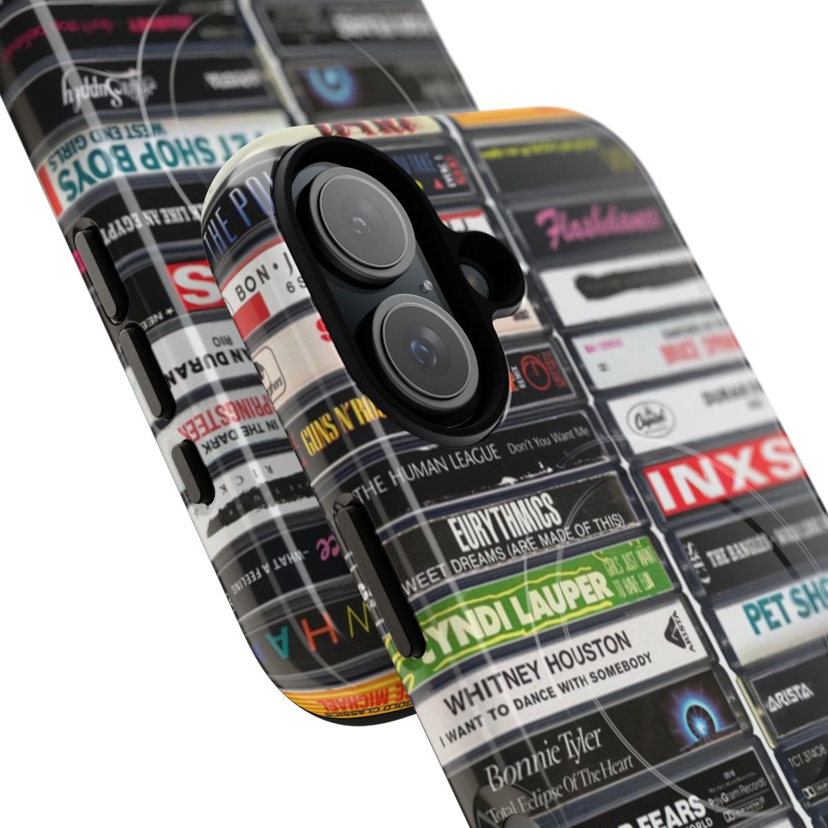 Stylish retro 80s phone case featuring iconic 1980s hit songs - Detail